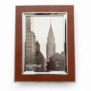 Nambe 5x7 Brown Leather & Polished Silver Photo Frame